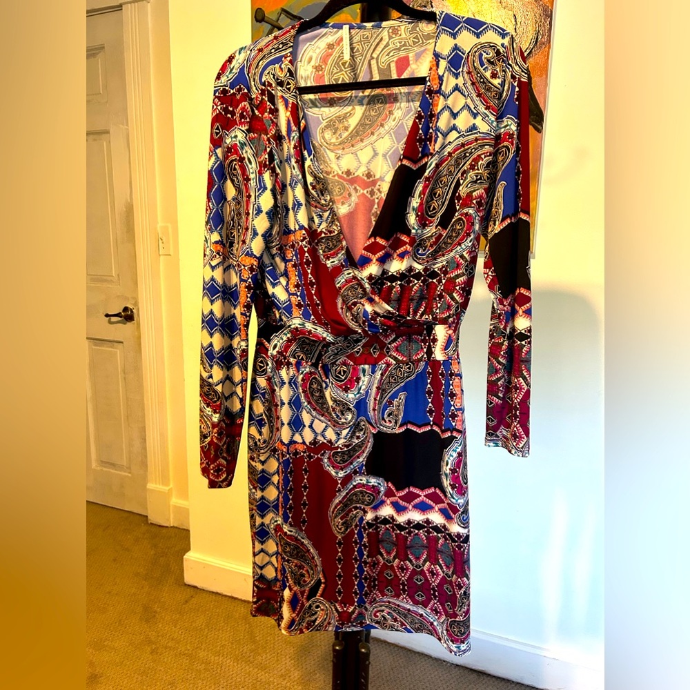 Paisley faux wrap mini dress.